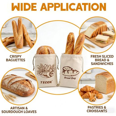 Sac à pain - Sac à baguettes - Sac à pain réutilisable - Sac de rangement avec cordon de serrage - 30 x 40 cm - Couleur naturelle - Sac à pain en coton (1/5)