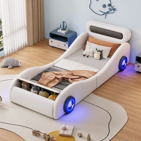 Letto auto per bambini 90x200 cm in PU bianco con ruote luminose, senza materasso - MEUBLIV (1/5)