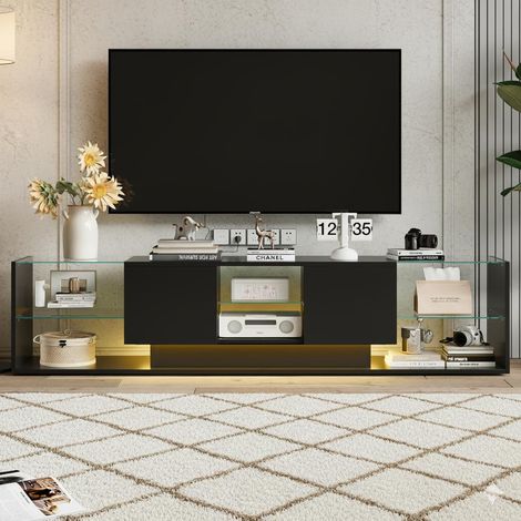 Meuble TV LED - 200x35x45cm - tagères Verre Trempé & Rangement Caché - Éclairage RGB Connecté - Laqué Brillant - Noir (1/5)