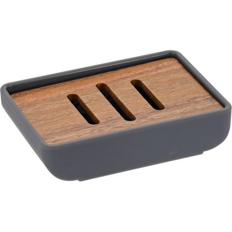 Portasapone rettangolare in gomma + abs e acacia - grigio - Tendance