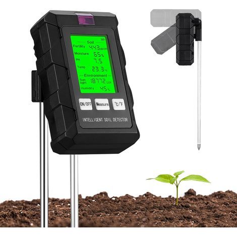 Misuratore di pH del terreno 6 in 1, misuratore di umidità delle piante con fertilità del terreno, umidità, pH, temperatura, luce solare e umidità ambientale, con schermo LCD, per giardinaggio e piant (1/5)