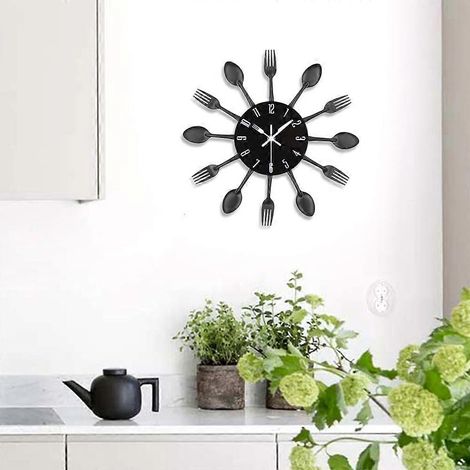 Horloge de cuisine noire effet miroir 32 cm avec cuillère, fourchette et autocollant 3D amovible pour la décoration intérieure (1/5)