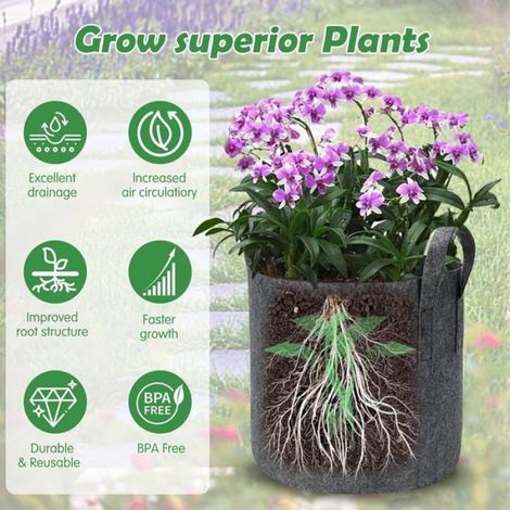 12L Sac de Plantation Terre en Tissu avec Poignée,Réutilisable,Tomates,Légumes,Fleurs,Un Pot de Jardin épaissi et Aéré,5pcs Gris (1/4)