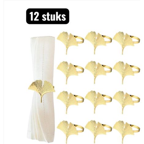 Set of 12 metal napkin rings with a gold ginkgo leaf design (1/5)