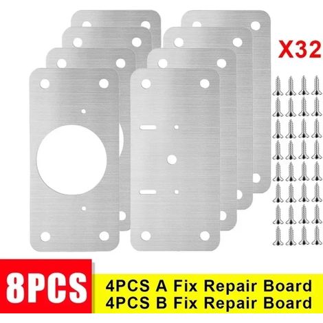 Kit de réparation de charnières de porte en acier inoxydable (8 pièces) avec plaques de montage et trous, outils de réparation inclus. (1/5)
