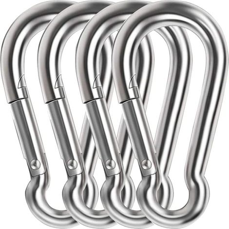 4er-Pack 4-Zoll-Federkarabiner, robuste Karabinerhaken aus Edelstahl 304, Verbindungsstück, Seilverbinder für Camping, Wandern, Schaukeln, Fitnessstudio, Hängematten, Silber (AU04) (1/5)