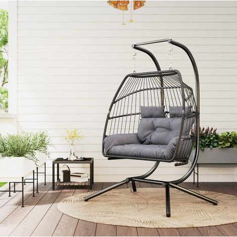 Sillón colgante de 2 plazas, con cojín, estructura plegable, mimbre sintético gris oscuro (1/5)