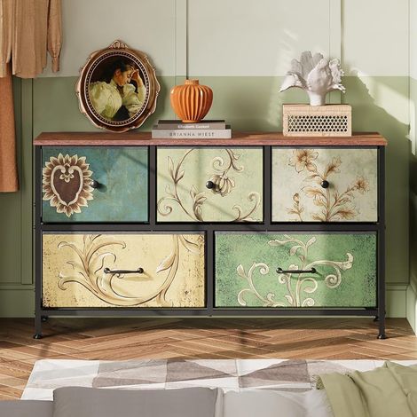 Kommode 100 cm, rechteckig, bohemian, mit 5 stauraums chubladen, Holzplatte, Vintage, Metallrahmen, Wohnzimmermöbel aus Holz - Mehrfarbig