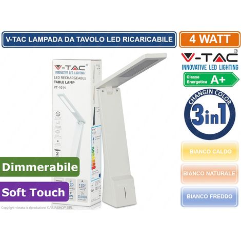 V-TAC VT-1014 LAMPADA DA TAVOLO LED 4W TOUCH DIMMERABILE RICARICABILE - BIANCA SKU 7098 (1/10)