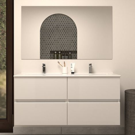 Meuble de salle de bain 140cm double vasque - 4 tiroirs - blanc brillant - IDA