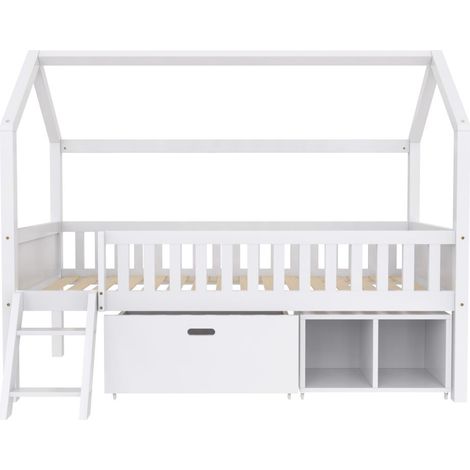 Lit d'enfant 200x90 cm, avec tiroirs et compartiment de rangement, pour garçons et filles, avec barrières anti-chute, blanc (1/5)