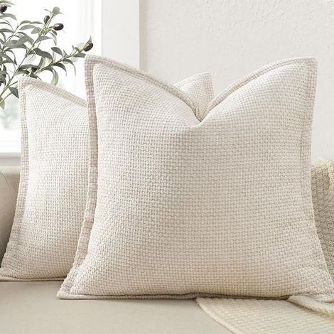 Housse de Coussin 50x50 CM à Bordure, Coussin Beig Chenille Taie Oreiller Douces pour Canapé, Lit et Salon, Decoratif (1/5)