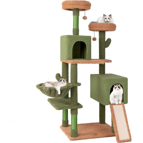 Costway – Arbre à chat cactus 160 cm – 6 étages, 5 plateformes, 2 condos, panier, 3 poteaux en sisal, base large 59 x 48 cm, coussins amovibles (1/5)