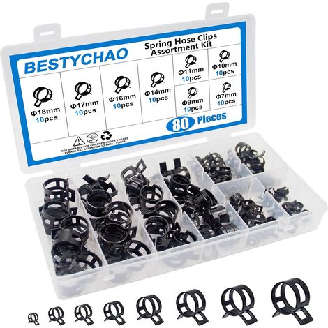 Colliers de serrage à ressort 80pcs 8 tailles colliers de conduite de carburant tuyau d'eau tube d'air silicone pince de tuyau d'aspiration kit d'assortiment de fixation (noir) (1/5)