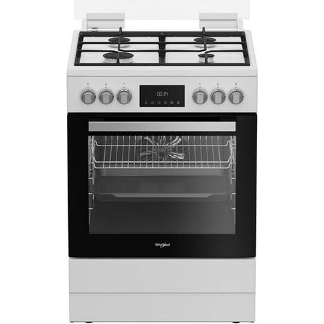 Whirlpool – Cuisinière gaz 72l 4 feux blanc – Four électrique A – Plaque gaz G20 – Nettoyage facile – Dimensions 60x63.5cm