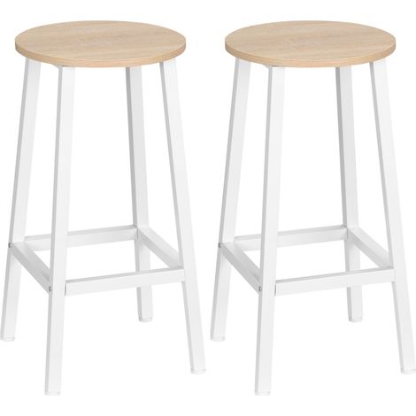 Set 2 Sgabelli da Cucina in Truciolato e Acciaio con Piano Liscio e Poggiapiedi, 32.5x32.5x65 cm, Bianco e Legno