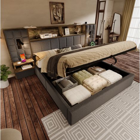 Lit capitonné vintage 180x200 cm gris avec rangement, 2 chevets, liseuses USB-C, sommier à lattes (1/5)