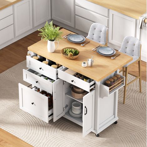 Meuble de cuisine à roulettes avec table extensible, MDF blanc et bois naturel HAVRYA (1/5)