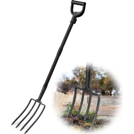 127cm Fourche à Bêcher, Fourche Plate pour Dureté Fourche Plate à 4 Dents avec Poignée en D Fourche à Creuser en Métal pour Creuser et Desserrer/Noir (1/5)