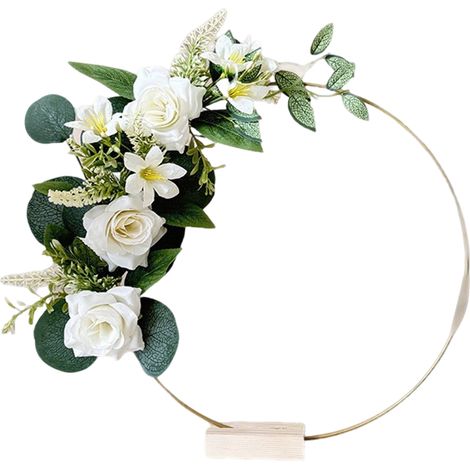Arche de table en fer forgé blanc avec socle en bois et fleurs artificielles pour décoration mariage et fêtes (1/5)