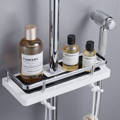 Étagère Douche Porte Savon Salle De Bain Rangement Douche sans Percage, Crochets et Porte Serviette Murale Antirouille Auto-adhésif Support Blanc Lot de 1 (1/5)