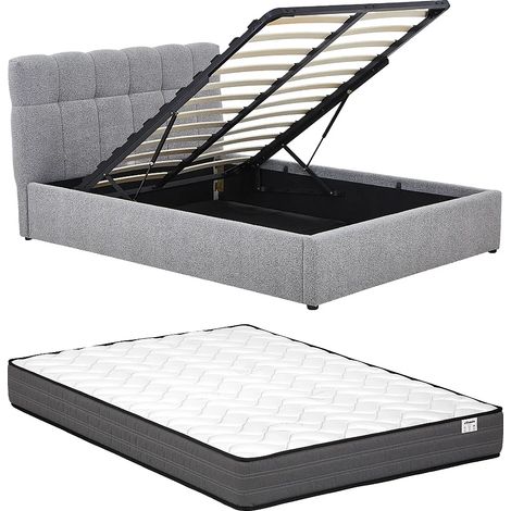 Letto con contenitore 160 x 200 cm Tessuto bouclette Grigio + Materasso - MAZIRI (1/5)