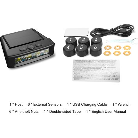 Système de surveillance de la pression des pneus, moniteur solaire sans fil avec 6 capteurs, alarme rapide, affichage de la température en temps réel 0-9,9 bar/0-144 PSI pour camping-car, remorque, ca (1/5)