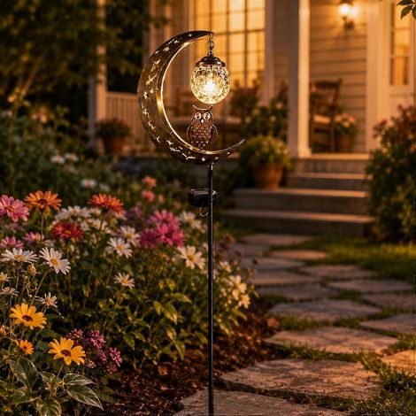 Lampe solaire décorative jardin colibri lune globe verre craquelé résistant intempéries piquet métal lumière blanche chaude extérieur (1/5)