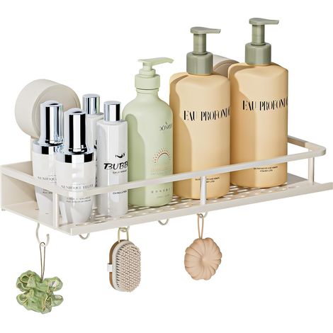 Étagère de Douche Ventouse sans Perçage,Rangement Douch avec Crochets,Capacité de Charge 10kg,Imperméable et Antirouille,Rangement Salle de Bain pour Shampooing Revitalisant Savon,Blanc (1/5)
