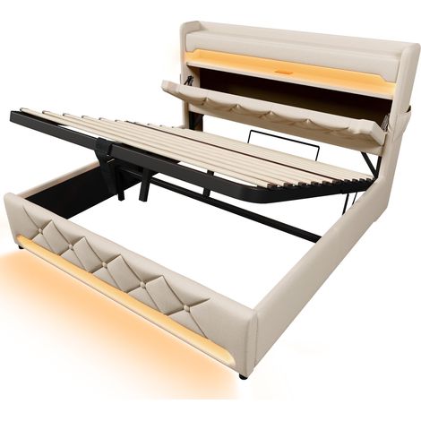 Cama doble canapé 180x200 beige de lino con LED, USB y Type C, HOMVRA (1/5)