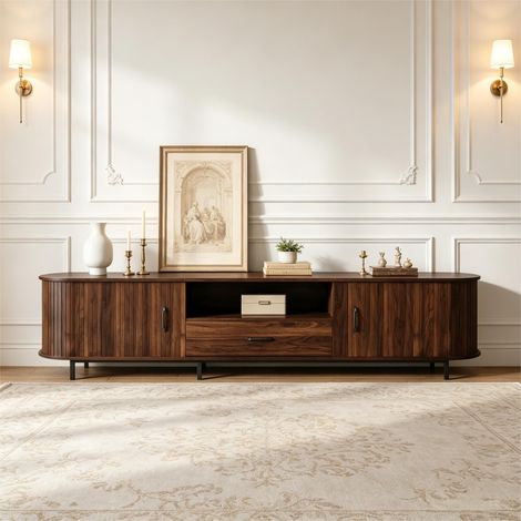 Meuble TV 180x40x45 cm, Pour TV jusqu’à 75 pouces, 2 portes coulissantes, 1 tiroir, 2 niches ouvertes, MDF, Noyer (1/5)