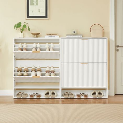 Meuble de rangement pour chaussures 80 x 24 cm, façade cannelée, étagère ajustable avec stabilisateur anti-chute, console d'entrée blanche décorative. (1/5)
