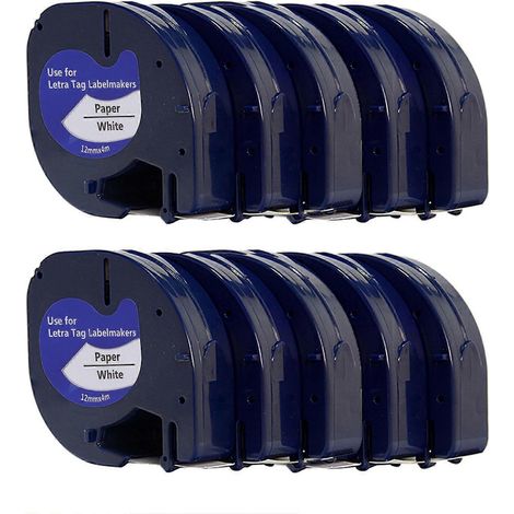 Recharges de ruban d'étiquettes compatibles pour étiqueteuses Dymo LetraTag (références 91208, 91200, LT-100H, LT-100T, QX50, XR et XM).