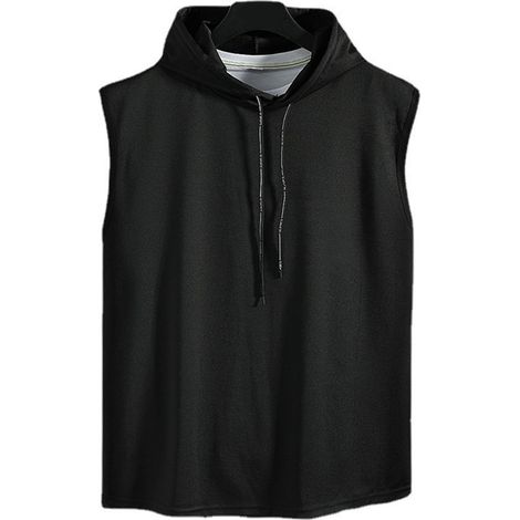 Hoodie sans manches pour homme, débardeur sport fitness, respirant et léger, couleur unie noir, taille 2XL (1/5)
