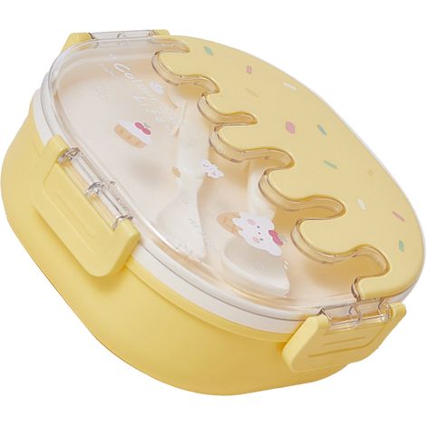 Lot de boîtes repas bento 3 compartiments en plastique pour enfants et adultes, design glace mignon, avec fourchette et cuillère, jaune, pour école travail voyage (1/5)