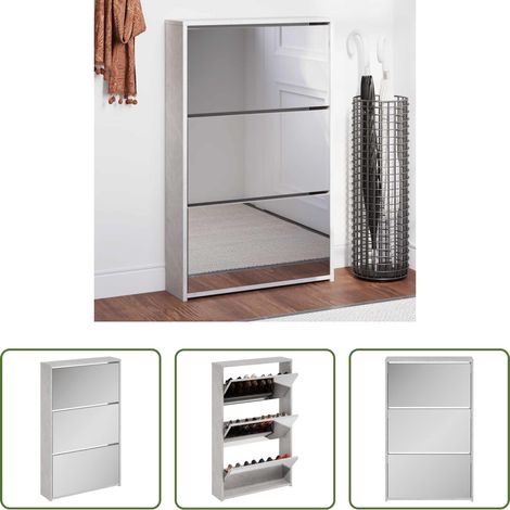 Schuhregal - Schuhschrank mit Spiegel 3 Fächer Betongrau 63x17x102,5 cm (1/5)