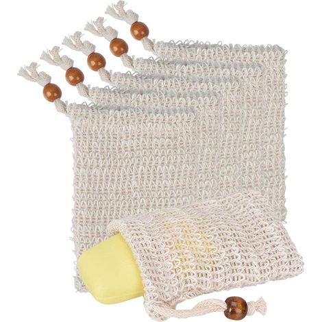 Lot de 5 pochettes exfoliantes pour savon, pochettes à savon naturelles en maille de sisal faites à la main avec cordon de serrage pour le bain et la douche (1/5)