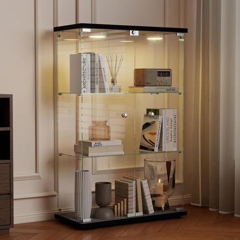 Standvitrine mit LED, 125cm, Schwarz, 3 Böden, ESG-Glas (1/5)