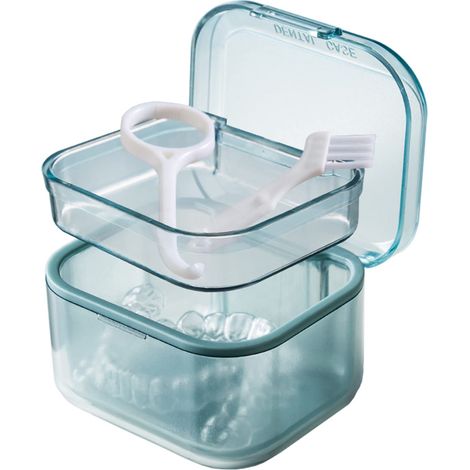 Boîte de rangement pour appareils de contention avec panier-filtre - Porte-prothèses dentaires et protège-dents - Plateau de nettoyage pour appareils orthodontiques et appareils de contention - Bleu (1/5)