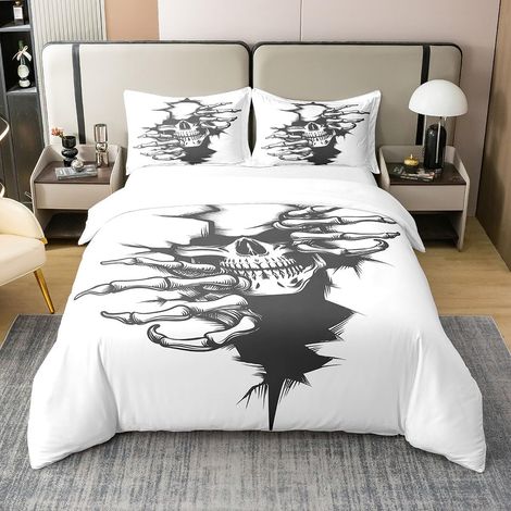 Motif Squelette Parure de Lit garçon Enfant Halloween thème Literie Skull Design Housse de Couette 140x200cm Coton Horreur Noir et Blanc Gothique Squelette décoration Parure de Lit - 140 x 200 cm + 1 (1/5)