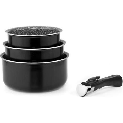 Set de 3 casseroles anti-adhésives 16-18-20 cm – Compatible tous feux dont induction – Poignée amovible – Aluminium effet pierre – Arthur Martin