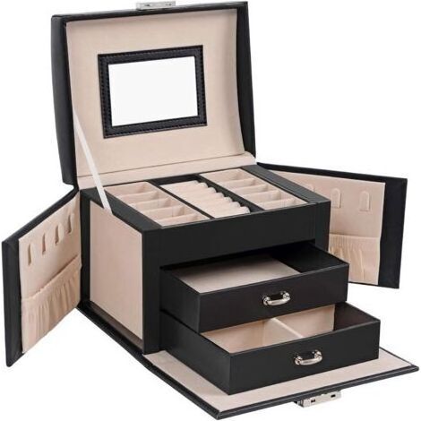 Boîte à Bijoux, Mallette à Bijoux, Coffret à Bijoux de Voyage, Organisateur de Bijoux Portable, avec 2 tiroirs, Miroir, Serrure et clés, Cadeau Noel, 17,5 x 13,5 x 12 cm, par SONGMICS Noir (1/5)