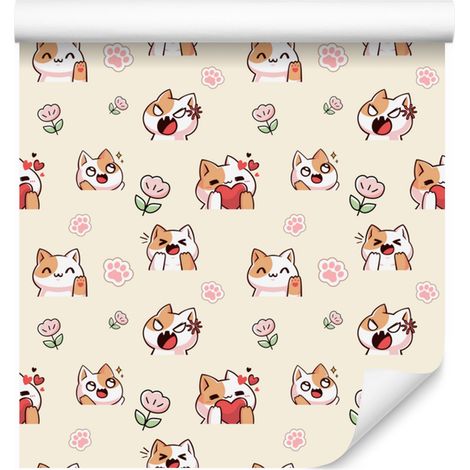 Tapete „Katzen“ in Creme, Beige und Koralle für Wohn- und Schlafzimmer, 50 x 1000 cm (1/5)
