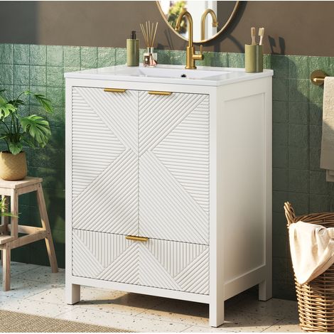 Mobile bagno freestanding 61 cm con lavabo in ceramica, finitura a onde, chiusura Soft-Close, bianco (1/5)