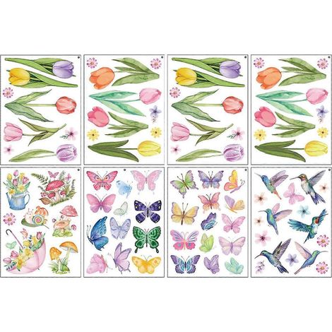 Feuilles d'autocollants printaniers pour fenêtres : oiseaux, papillons et fleurs, pour le bureau ou l'école (1/4)