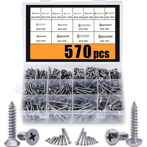 Assortiment 570 vis autotaraudeuses inox 304 M3/M4/M5/M6, cruciformes (285 tête ronde + 285 tête plate) (1/5)