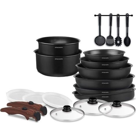 Batterie de cuisine - Tous feux dont induction - Arthur Martin - AM0530 - Aluminium - Anti-adhésif - 20 pieces - Poignée amovi