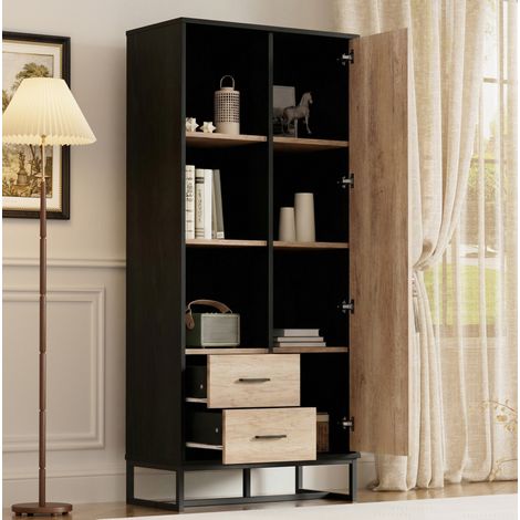 Hohes Regal 80 x 40 x 180 cm mit 1 Tür, 2 Schubladen und 3 Fächern HAVRYA (1/5)