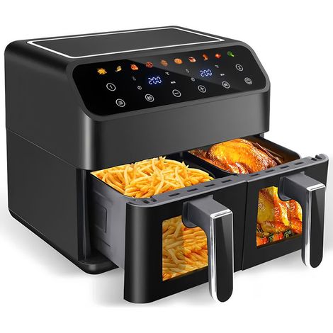 Ölfreie Fritteuse 4 l + 4 l mit 10 Programmen – 3000 W Air Fryer mit zwei Heizzonen, 0 % BPA, Sichtfenster und Touchscreen – Schwarz