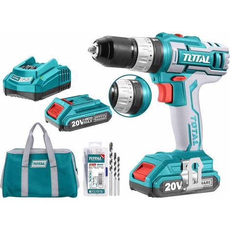 TOTAL - Trapano a Percussione, 2 Batterie, 50 Accessori, Borsa - 45 Nm (1/4)